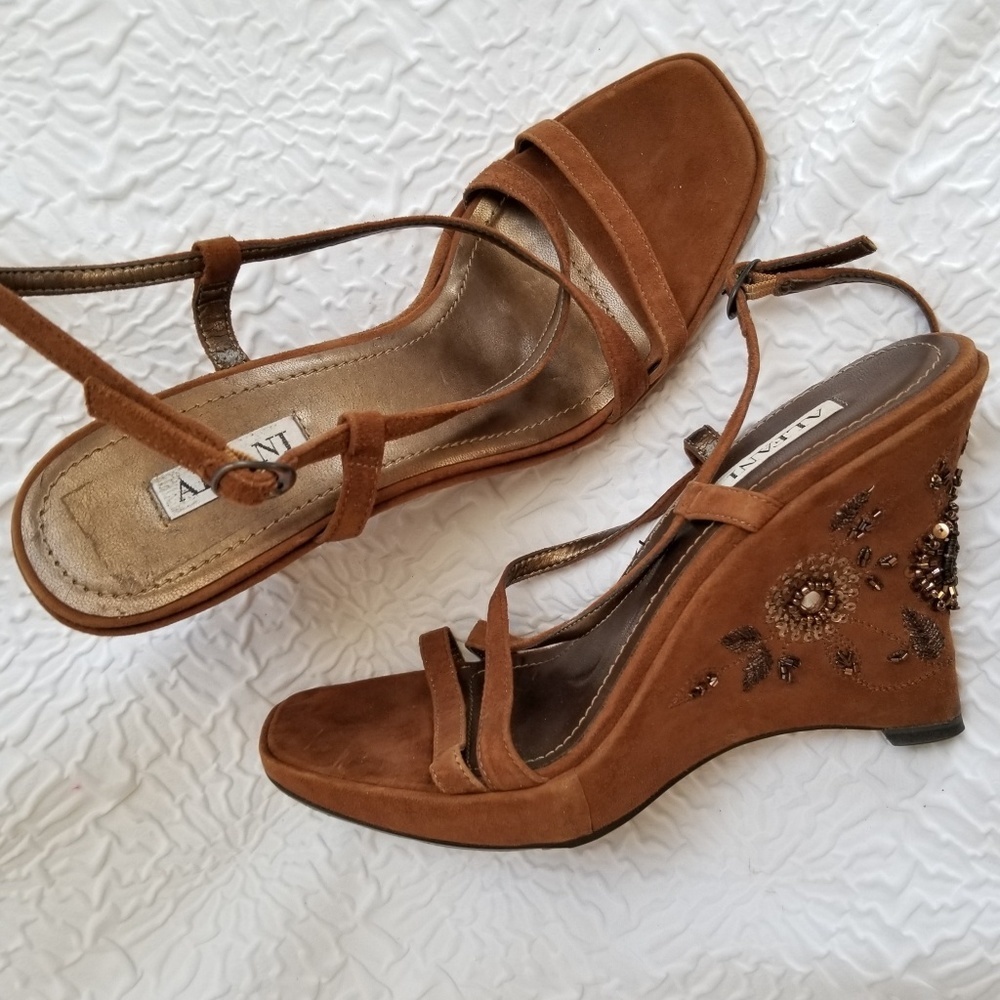 Alfani Serenity Caramel Suede Beaded Wedge Sandals - Picture 4 of 8